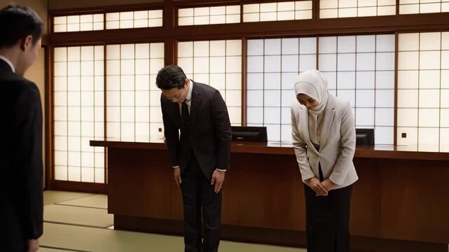 Two business people in a traditional Japanese setting, one man and one woman in a hijab, greet a third person with a bow and a traditional gesture of respect.