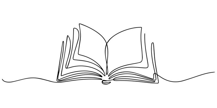 book continuous one line drawing, One continuous line drawing of Opened book. Education in school and library studying in simple linear style. Writing draft business in Editable stroke. Doodle vector