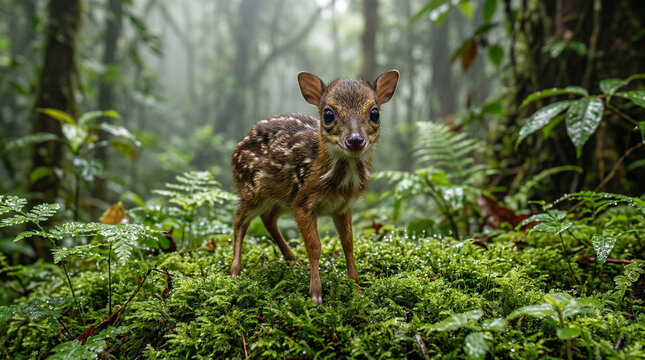 Adorable Baby Lesser Mouse-deer (Kancil) Standing on Mossy Forest Floor, Highly Detailed Wildlife Photography