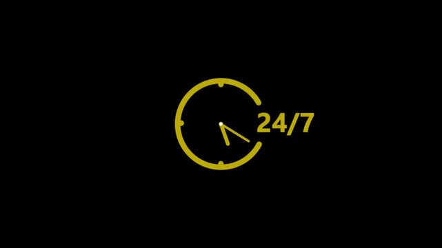 Bright yellow clock with 247 text on black background for business and service availability d