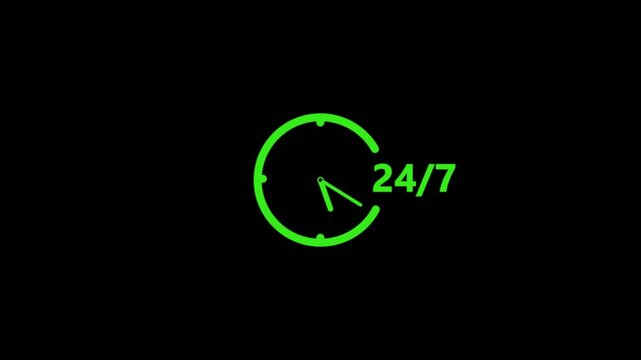 Green glowing 247 clock symbol with circular motion animation for continuous service availability de