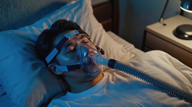 Person sleeping with a sleep apnea machine. CPAP Machine.