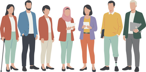 Fototapeta premium Professional character set featuring diverse men and women in smart casual business attire representing equality and teamwork isolated.