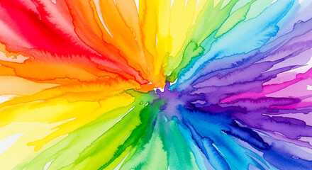 Fototapeta premium Radiant watercolor painting with strokes of red, orange, yellow, green, blue, and purple emanating from a central point, symbolic of spectrum.