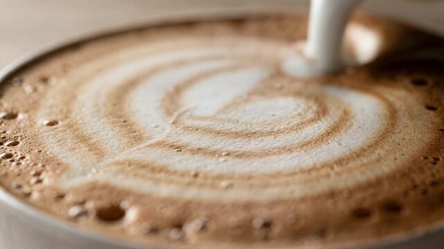 Macro view of delicate rosetta pattern forming from silky microfoam focusing on the milks velvety texture while the cup rim fades softly behind.