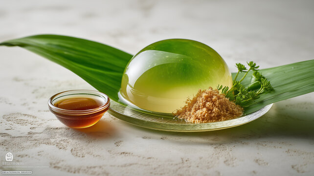 Translucent green raindrop cake resting on a bamboo leaf, served with kinako powder and kuromitsu syrup in a glass bowl on a textured stone surface.