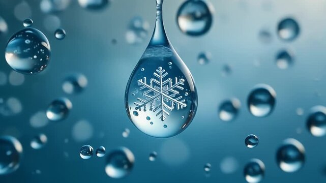 Water droplet suspended in air with snowflake inside, surrounded by smaller droplets against a blue background.