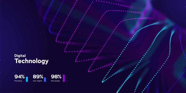 Digital Technology Big Data Background With Colorful Neon Particle Stack And UI Dashboard Elements On Dark Background. Digital Technologies Futuristic Background. Vector Illustration.