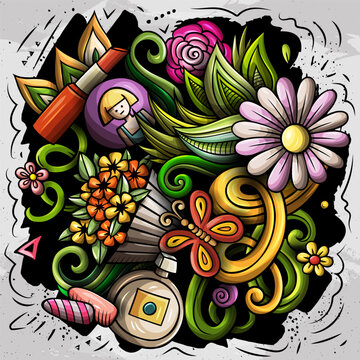 Happy Womens Day cartoon doodles illustration. Spring Holiday funny objects and elements design. Creative colorful vector background.