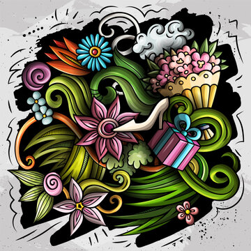 Happy Womens Day cartoon doodles illustration. Spring Holiday funny objects and elements design. Creative colorful vector background.