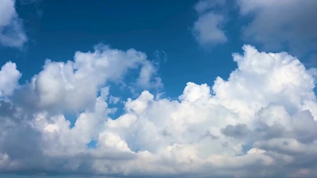 Cumulus clouds building and transforming into storm clouds against a deep blue sky background