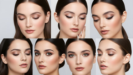 Obraz premium Collection of Different Angles Showing Professional Glamour Makeup Look on Beautiful Woman with Neutral Eyeshadow and Winged Liner