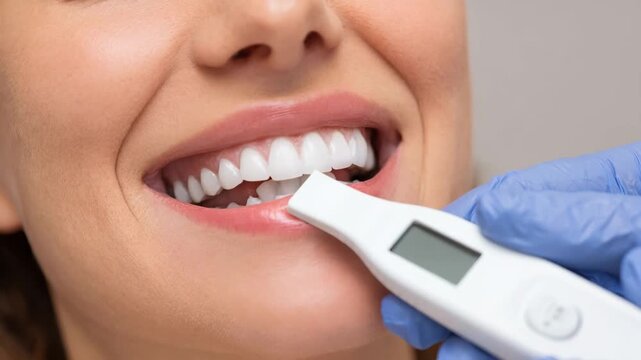 Closeup medium shot focusing on a full smiling mouth as a digital spectrophotometer scans multiple teeth highlighting the devices screen with the rest of the smile subtly out of