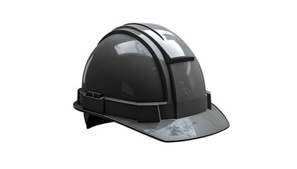 Fototapeta premium A gray, glossy safety helmet, with a brim and head strap, floats on a black backdrop