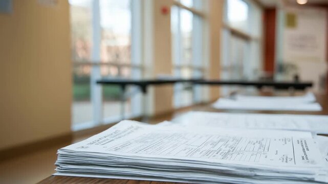 Focused medium shot of a community centers college prep table with detailed application forms and brochures spread out softly blurring the rooms minimalistic d&eacute;cor.