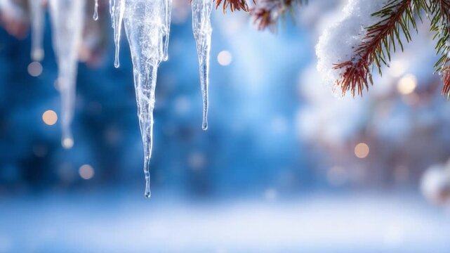 Frozen Winter Wonders: Capturing the exquisite beauty of winter with crystal-clear icicles hanging delicately from a frosted evergreen branch, sparkling against a serene, snow-covered backdrop.