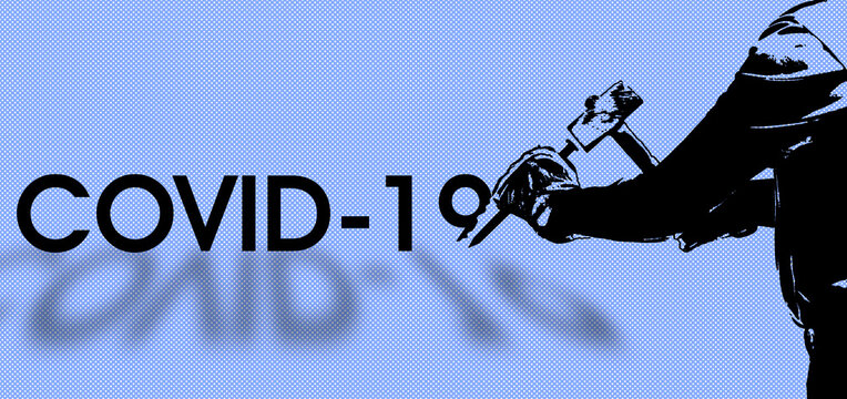 Sculpture man at work with hammer demolishes the word COVID-19 - concept illustration