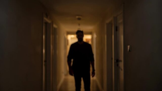 Medium shot focusing on ceiling sensor in a dimly lit hallway capturing motion patterns of a resident walking while outoffocus corridor adds depth to fall detection system.