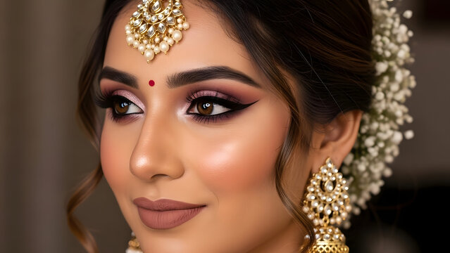 Close Up Portrait of Traditional Indian Bride Wearing Ornate Gold Jewelry Set and Sophisticated Pink Shimmer Wedding Makeup