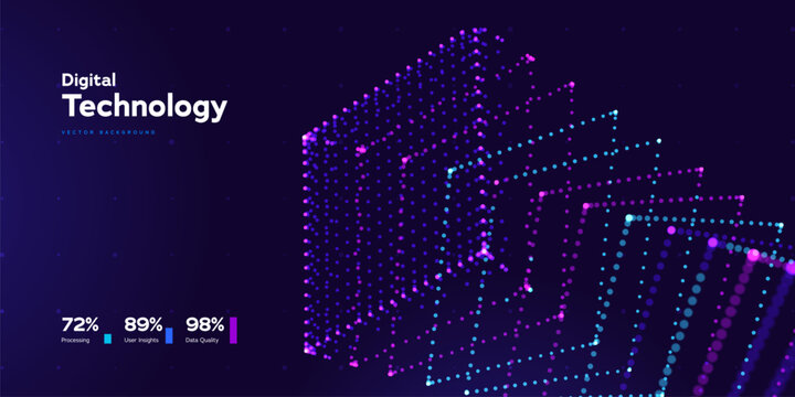 Digital Technology Abstract Data Cube With Glowing Neon Dots And Network Structure On Dark Background For AI, Big Data And Computing Innovation. Digital Technologies Concept. Vector Illustration
