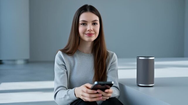 Young Woman Interacting With Smart Speaker Using Smartphone in Minimalist Interior
