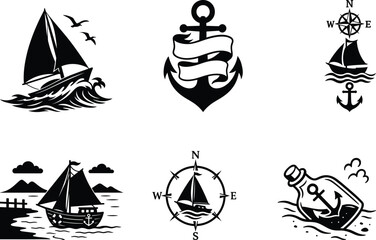 Fototapeta premium Unique sailing silhouette bundle set with classic ocean sailboats perfect for nautical graphics stickers and creative projects
