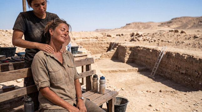 Woman archaeologist giving shoulder massage to colleague during break at archaeological dig site. Exhausted research team resting at excavation zone. Support, teamwork and fatigue.