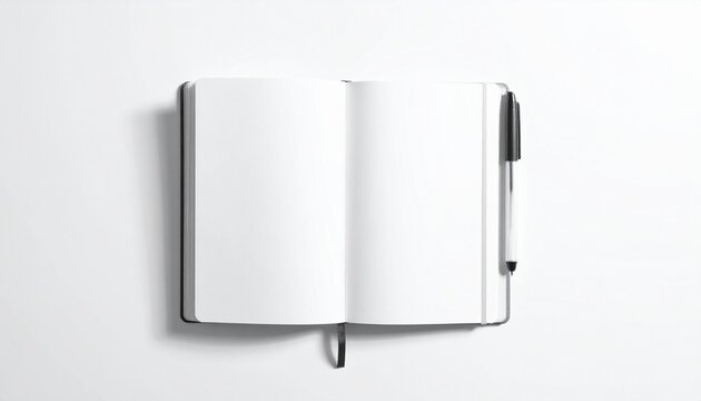 Open notebook with blank pages and pen placed diagonally, planning or writing concept, realistic photography, clean composition, studio lighting, isolated on pure white background