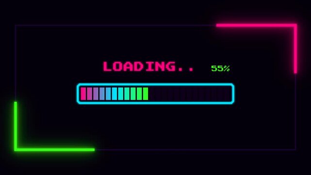 Retro Pixel Loading Bar Animation with Neon Glow Effects and System Ready Message Vibrant Digital Progress Indicator
