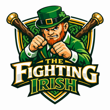 Bold The Fighting Irish logo with determined leprechaun fighter raising fists, representing power, courage, heritage, and spirit of strength rooted in Ireland&rsquo;s fearless legacy