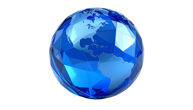 A rendered, faceted blue globe isolated against a black background, with continents visible