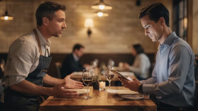 Restaurant owner attentively listening to sales reps advice on menu display ad layouts medium shot with focused subjects and blurred cozy dining area behind.