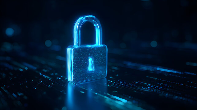 Abstract cybersecurity concept with glowing neon digital padlock and binary code data lines