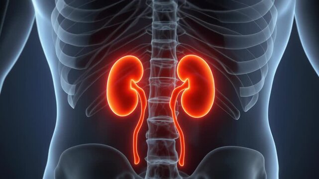 3D medical render of human torso with glowing red kidneys and ureters, illustrating renal system function and potential health issues.