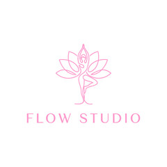 Minimalist Line Art Logo of a Woman in Yoga Pose with Lotus Flower.