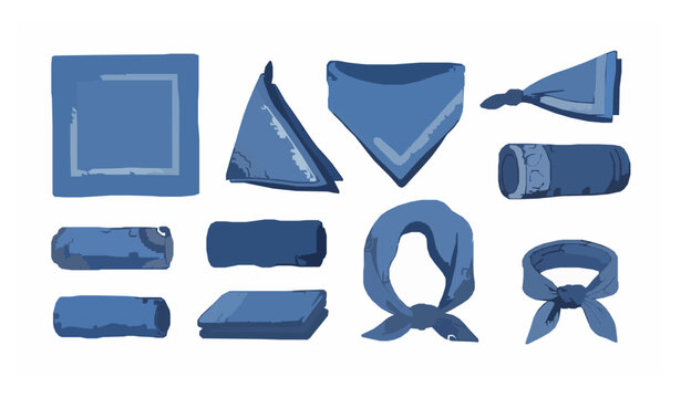 Minimal Blue Bandanas and Headscarves Fashion Wear Vector SetHand Drawn Blue Bandanas and Headscarves Fabric Accessory Vector Set