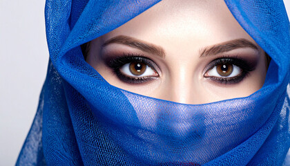 Fototapeta premium Smoky eye makeup blue scarf veil close up brown eyes beauty dramatic fashion female mysterious close up captures smoky eye makeup framed by blue scarf veil highlighting brown eyes and mysterious