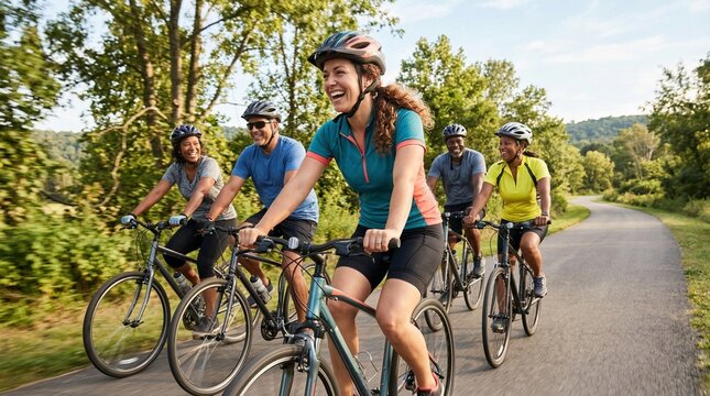 A diverse group of five friends happily cycling on a scenic paved trail through a lush green park on a sunny day.
