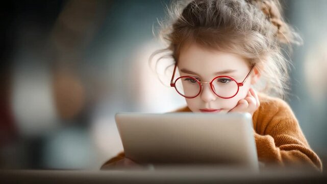 Little Girl engrossed in her tablet: A young girl, with spectacles and focused eyes, immerses herself in the digital world of a tablet, her expression reflecting curiosity and concentration.