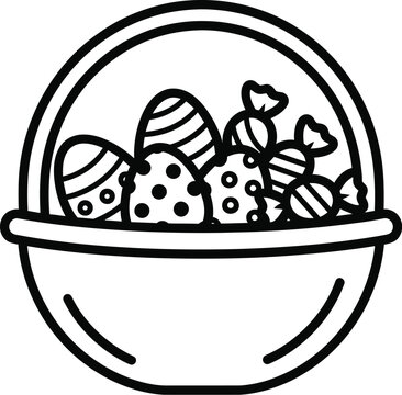 Delightful line art illustration featuring a charming Easter basket overflowing with beautifully decorated eggs and sweet candies, perfect for holiday celebrations.