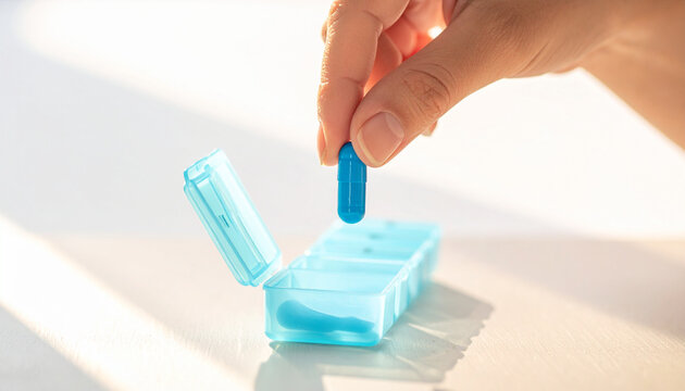 Hand holding blue capsule above open weekly pill organizer, medication adherence concept, bright light, healthcare routine, daily supplement, pharmaceutical care, close up