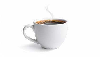 Obraz premium Simple coffee cup with light steam rising, realistic beverage photography, soft lighting, detailed texture, isolated on pure white background, subtle natural shadow