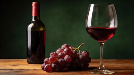 Obraz premium Wine Bottle, Glass and Red Grapes on Wooden Table