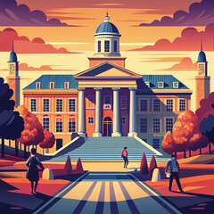 Vector illustration of university building with columns and dome © MSTHUSNA