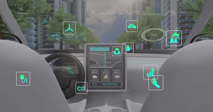 Animation of icons and data processing over car interior