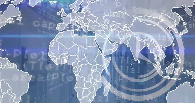 Animation of ticking clock, world map and data processing against empty computer server room