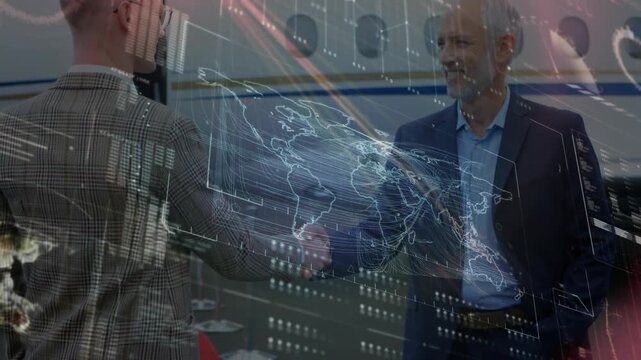 Animation of data processing over caucasian businessmen at airport