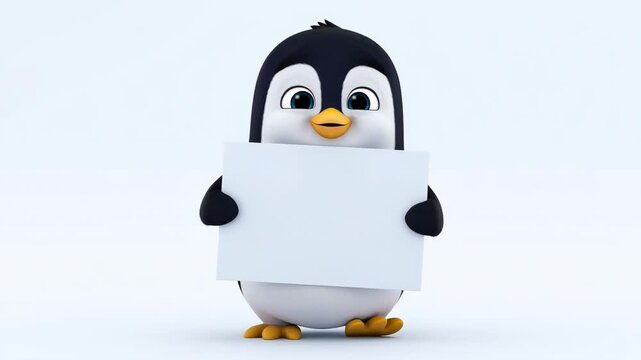 Cute animated penguin holding blank white sign for message or advertisement on light background to showcase design