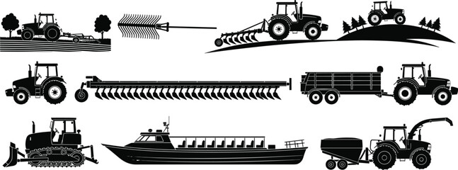 Agricultural machinery silhouettes set with tractors, plow, trailer, harvester and cargo boat for farming, cultivation and rural transport operations © Nayan