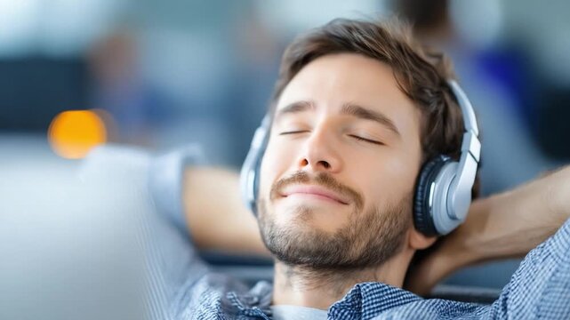 Harmony in Sound: A serene individual with closed eyes, immersed in a world of music through sleek headphones, finding solace and peace in the melodic symphony.